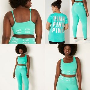 VS Pink 3-Piece SET Teal Ice Shine Perfect Tee With Seamless Leggings & Bra